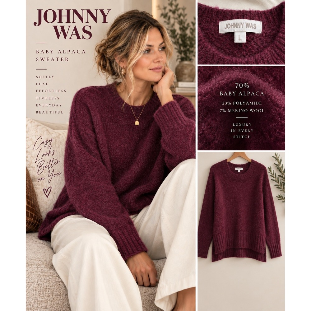 Johnny Was Baby Alpaca Sweater L Plum Merino Wool Fuzzy Knit Quiet Luxury